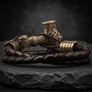 A dark brown braided leather bracelet with ornate bronze-toned Thor's hammer, displayed on a dark textured stone surface against a smoky black background.