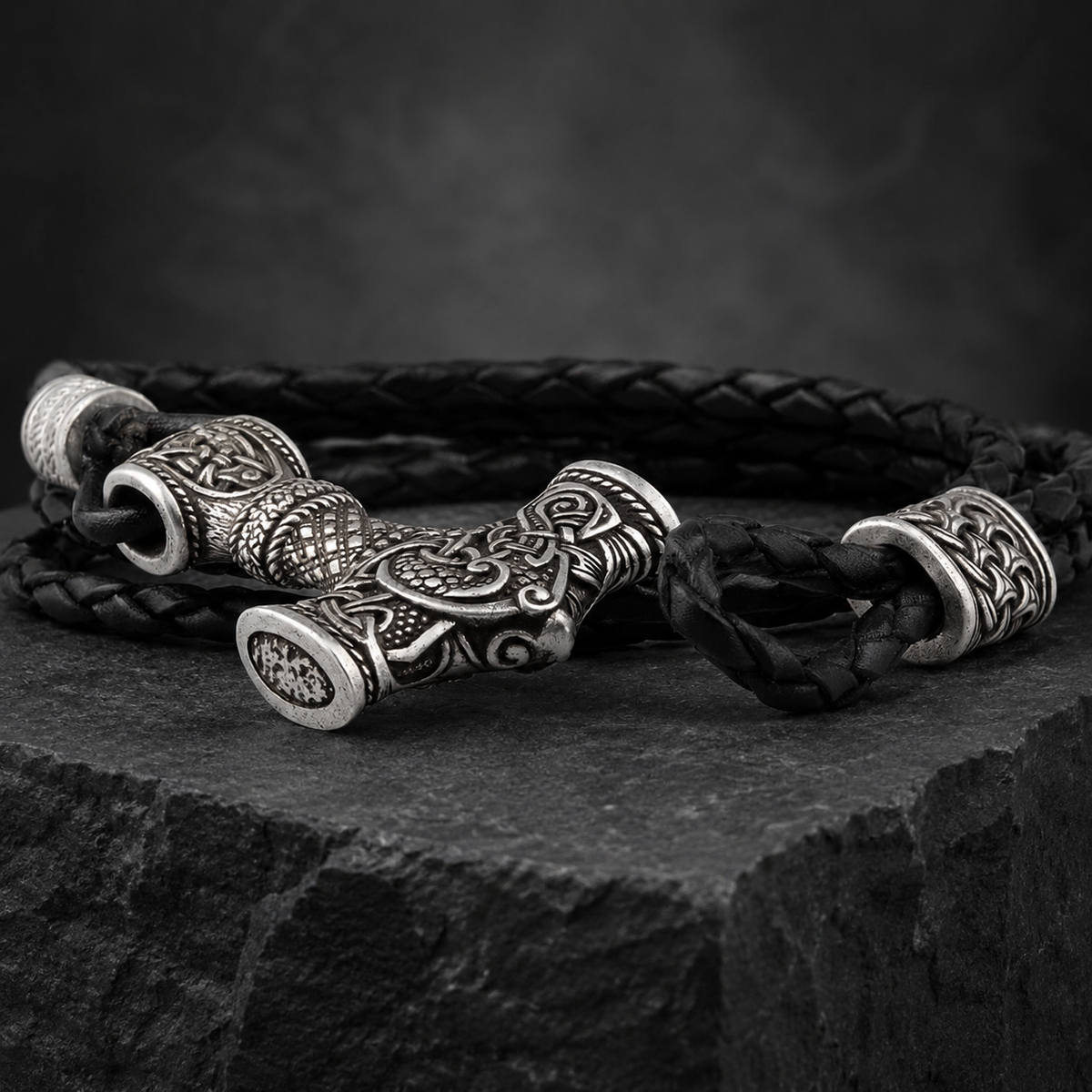 Thor's Hammer Bracelet With Knotted Bead Silvered Bronze
