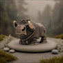 A small metallic bull figurine with a textured bronze finish, standing on a round gray stone pedestal outdoors with moss, small stones, and a blurred forest background.