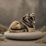 Bronze-finished jaguar statue with an open roaring mouth, displayed on a round stone pedestal against a softly blurred natural background.