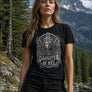 Women’s Hel Viking t-shirt front print worn by a Scandinavian female model in dark Nordic wilderness