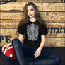 Female model wearing Daughter of Hel Viking t-shirt with dark Norse design