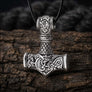 Front view of Jormungandr Mjolnir pendant in 925 sterling silver suspended from a black cord