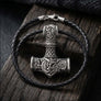 Jormungandr Thor’s Hammer pendant in 925 sterling silver with black braided leather cord on dark wood