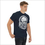 Male model wearing Sail With The North Viking t-shirt with white Norse ship print