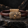 Bronze Skoll and Hati leather Viking bracelet with Norse wolf design and antique finish