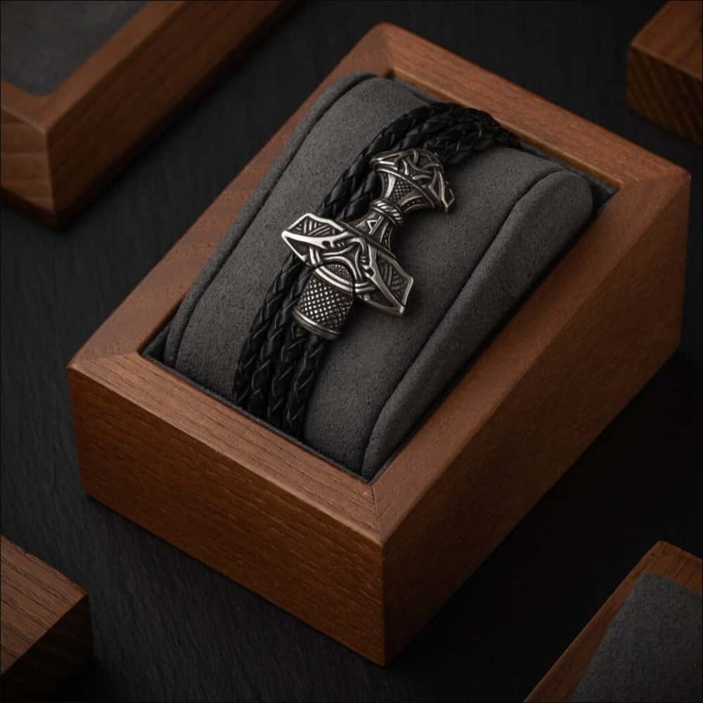 Thor's Hammer Leather Viking Bracelet Silvered Bronze - Northlord