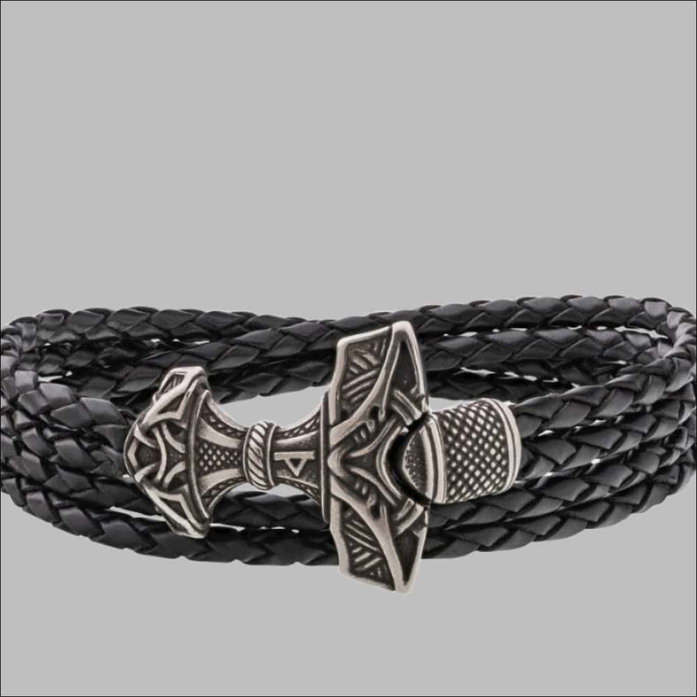 Thor's Hammer Leather Viking Bracelet Silvered Bronze - Northlord