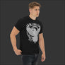 Male model wearing black Valhalla Viking raven T-shirt with bold white Norse design