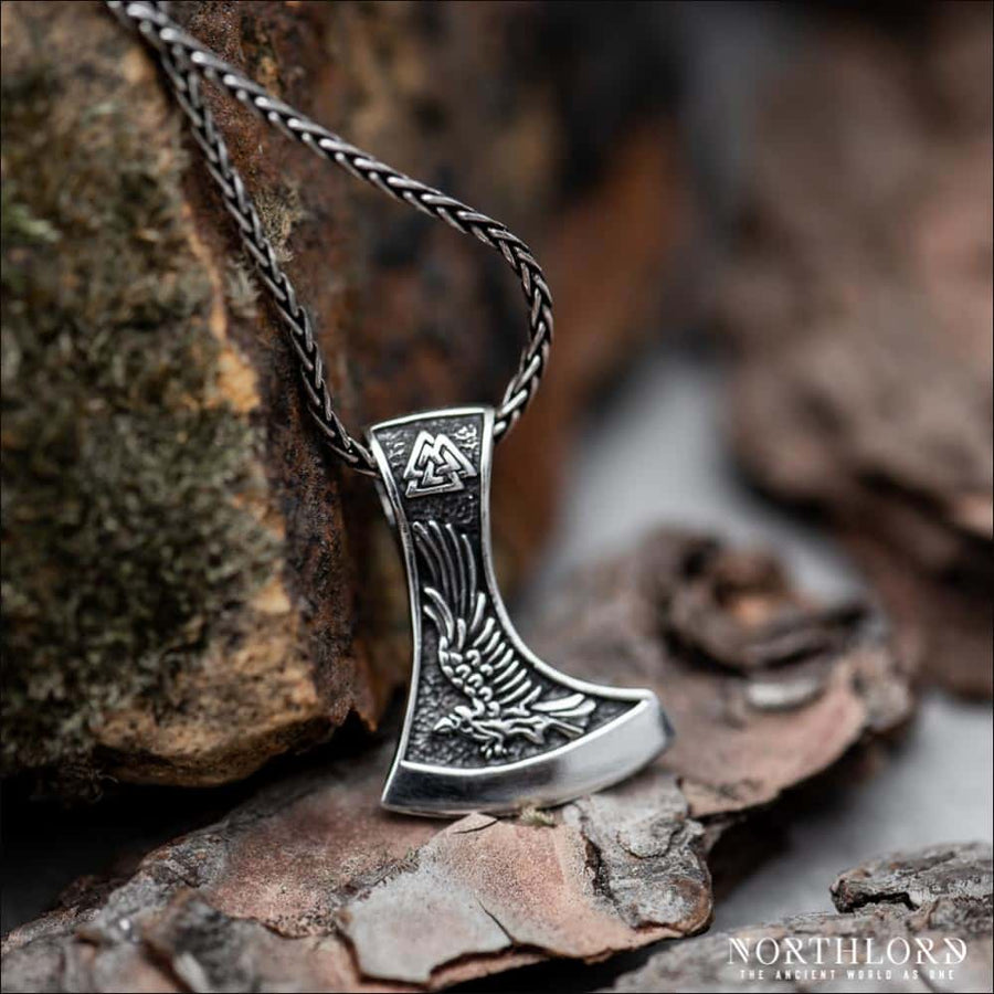 Viking Axe Pendant With Raven and Wolf Sterling Silver - Northlord