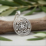 Wheel of Hecate sterling silver pendant, Strophalos ancient Greek symbol, open-work labyrinth design, 925 silver