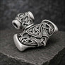 Silvered bronze Thor’s Hammer pendant with Norse knotwork, shown at a 45-degree angle