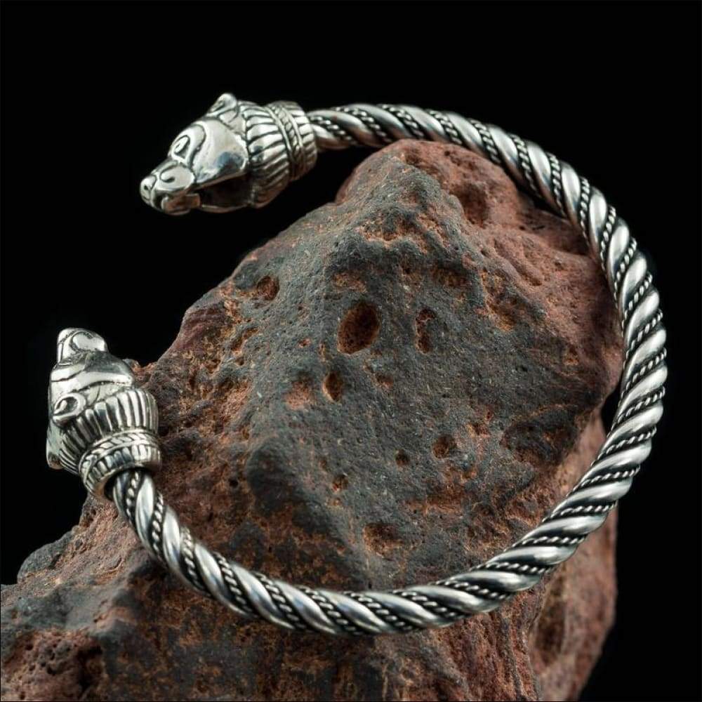Viking Bracelet - Sterling Silver | Fenrir Wolf Heads Arm Ring 17cm (6.7) / Silver