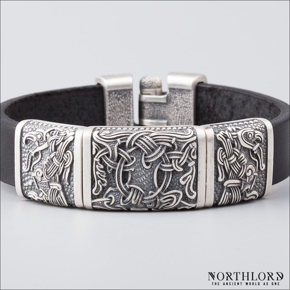 Leather Bracelet With Yggdrasil and Ravens Silvered Bronze - Northlord