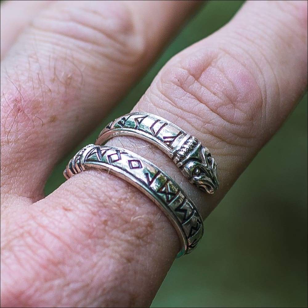 Ouroboros Ring With Runes, Sterling Silver