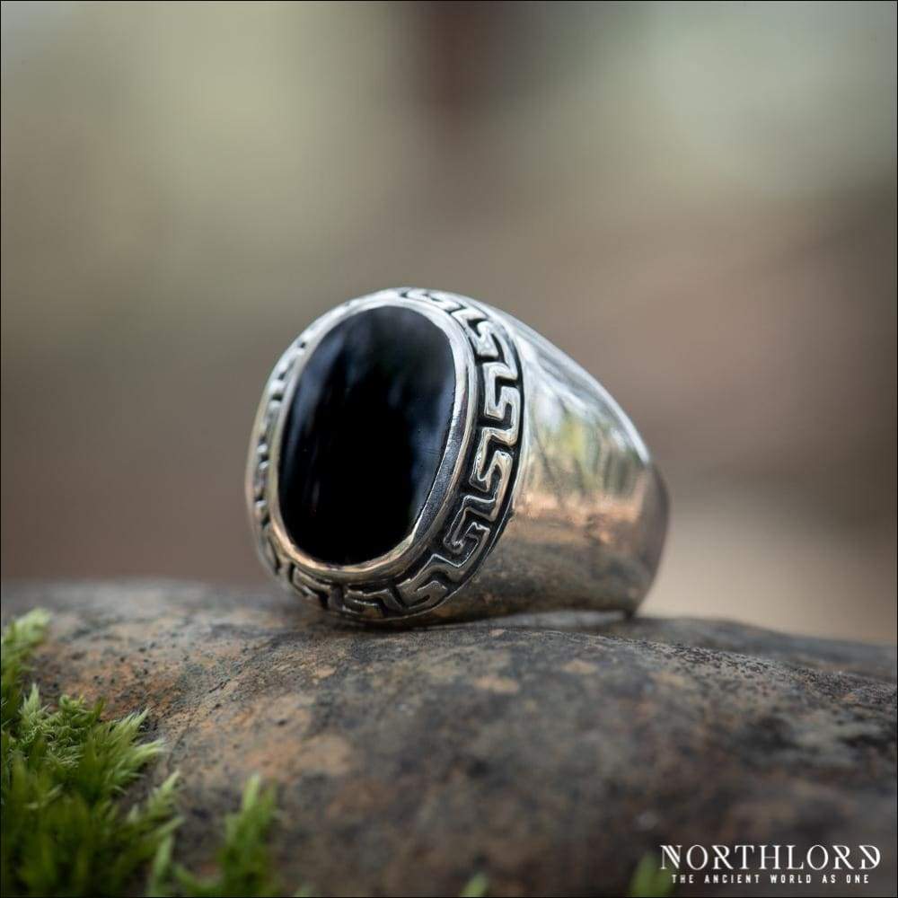 Oval Greek Ring With Meander and Black Onyx Sterling Silver