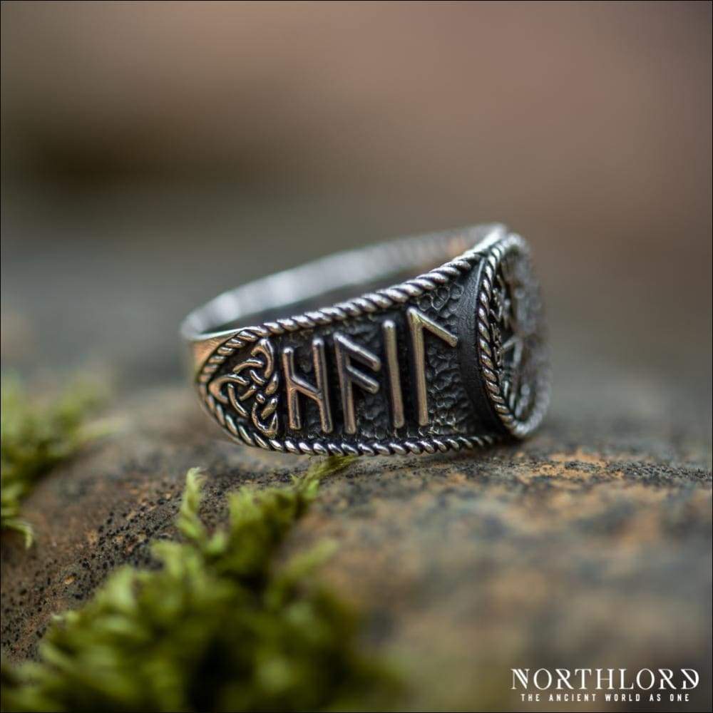 Vegvisir Ring With Hail Odin Runes Sterling Silver - Northlord