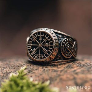 Vegvisir Ring With Runes and Jormungandr Bronze - Northlord