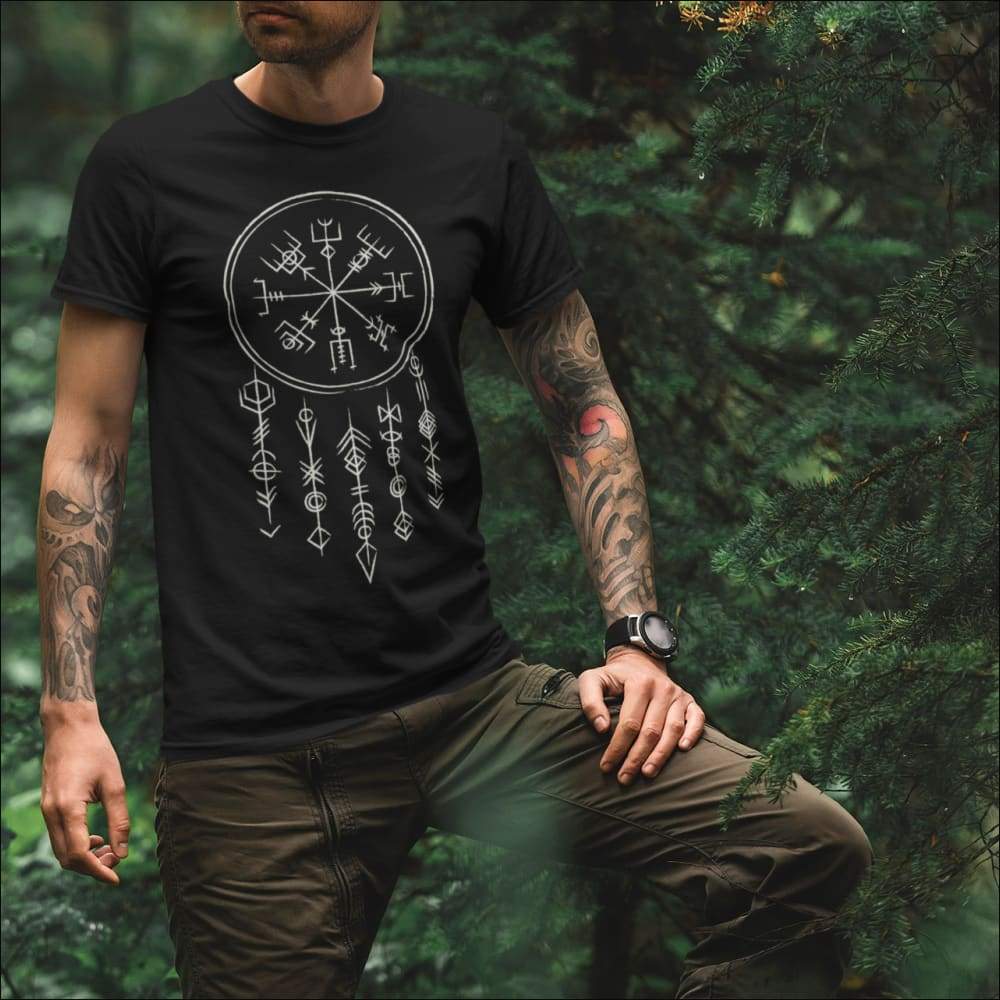 Viking Hoodie & Shirt Set - 3D Vegvisir & Wolf Tattoo Print, Polyester-Spandex Blend For Streetwear