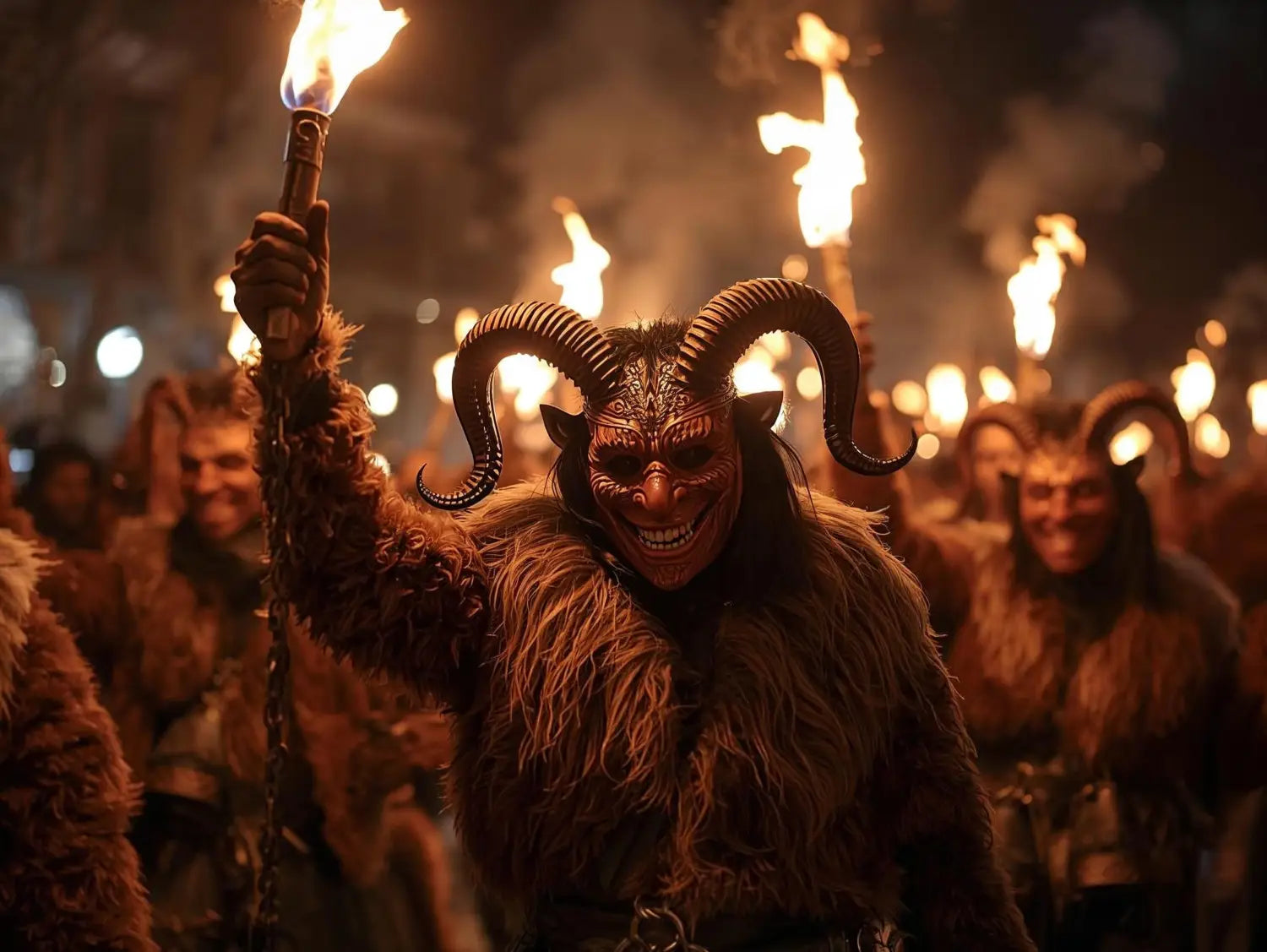 Krampuslauf festival at night with performers in traditional horned masks and fur costumes, torches lighting the winter street, capturing modern Krampus tradition