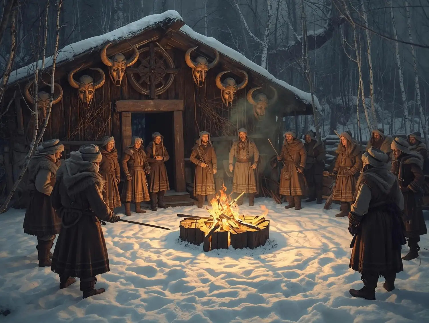 Ancient Alpine pagan ritual scene with villagers near a wooden shrine, carved horned masks, birch branches, and firelight on snow symbolizing early Krampus origins