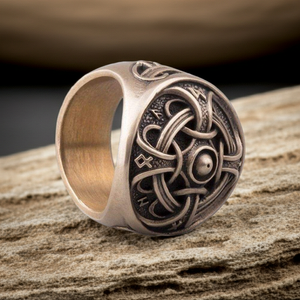 Hail Odin Bronze ring with intricate design on a wooden surface
