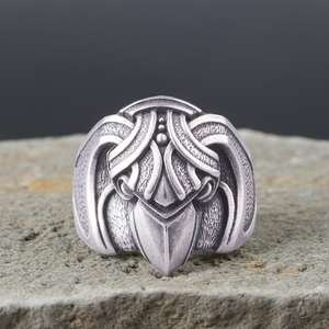 Silvered bronze ring ring raven design on a stone surface