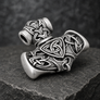 Silvered bronze Thor’s Hammer pendant with Norse knotwork, shown at a 45-degree angle