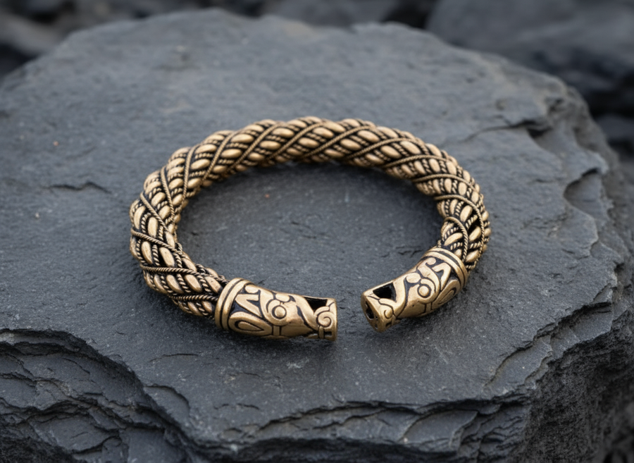 Bronze bracelet with intricate designs on a dark stone surface