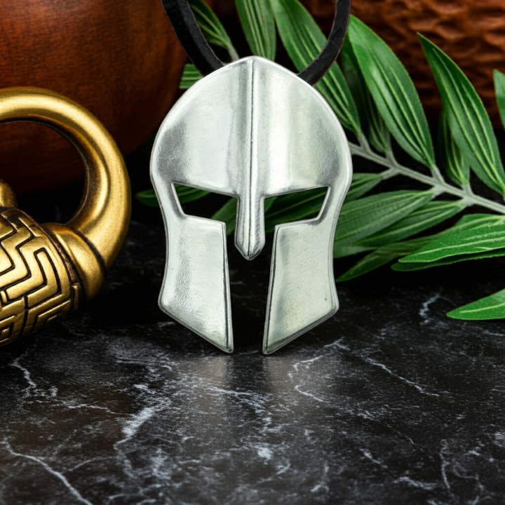 Silver Spartan helmet pendant on a dark surface with green leaves