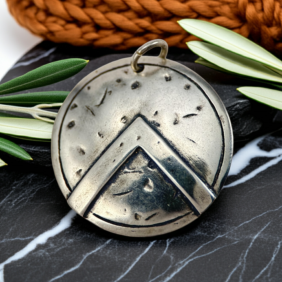Silver pendant with Spartan shield with geometric design on a dark surface with green leaves