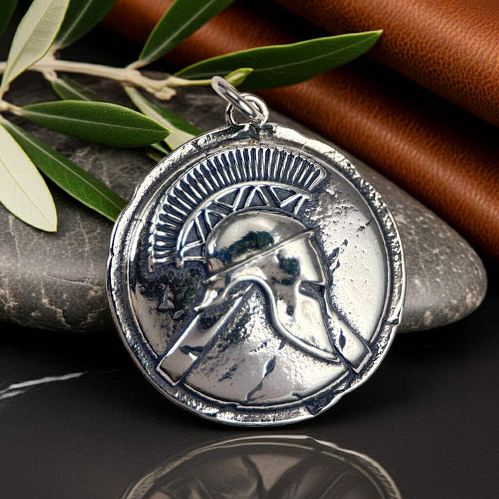 Silver Spartan helmet pendant on a dark surface with olive leaves