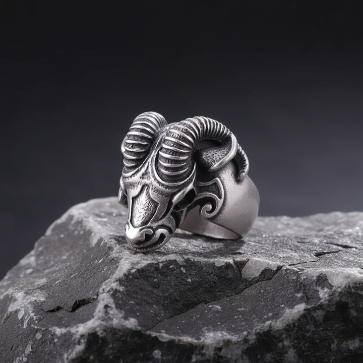 Silver Thor's ram head ring on a rocky surface
