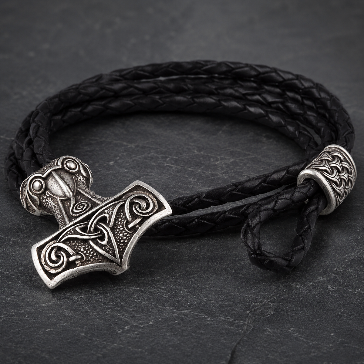 Leather Viking Bracelet With Mjolnir Silvered Bronze - Northlord-PK
