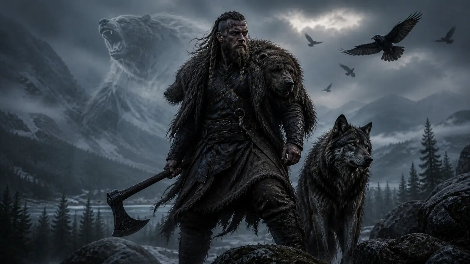 Norse berserker-inspired warrior standing beside a wolf in a misty mountain landscape