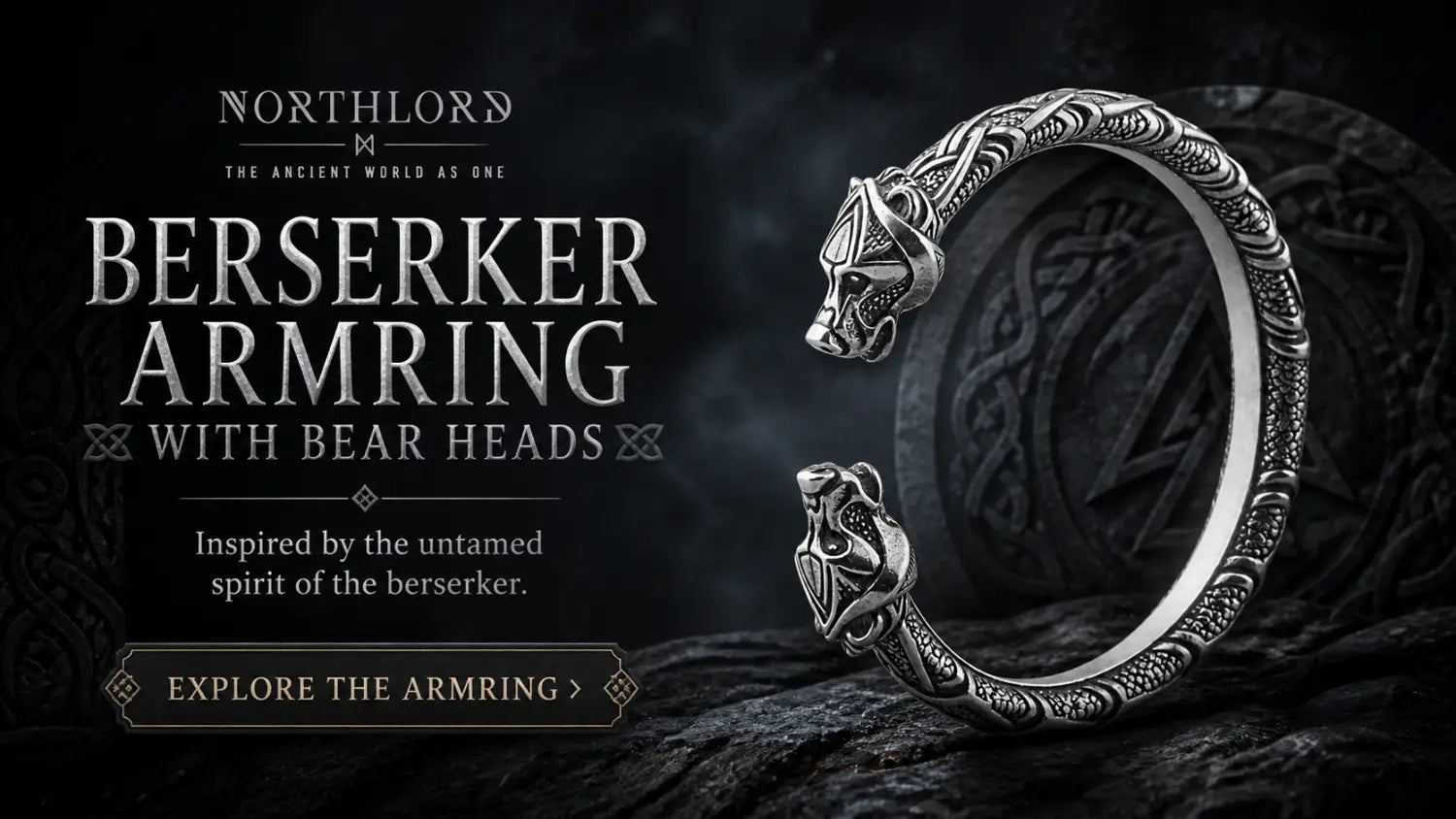 Berserker Armring with Bear Heads by Northlord displayed on a dark Norse-inspired stone background with premium silver detailing