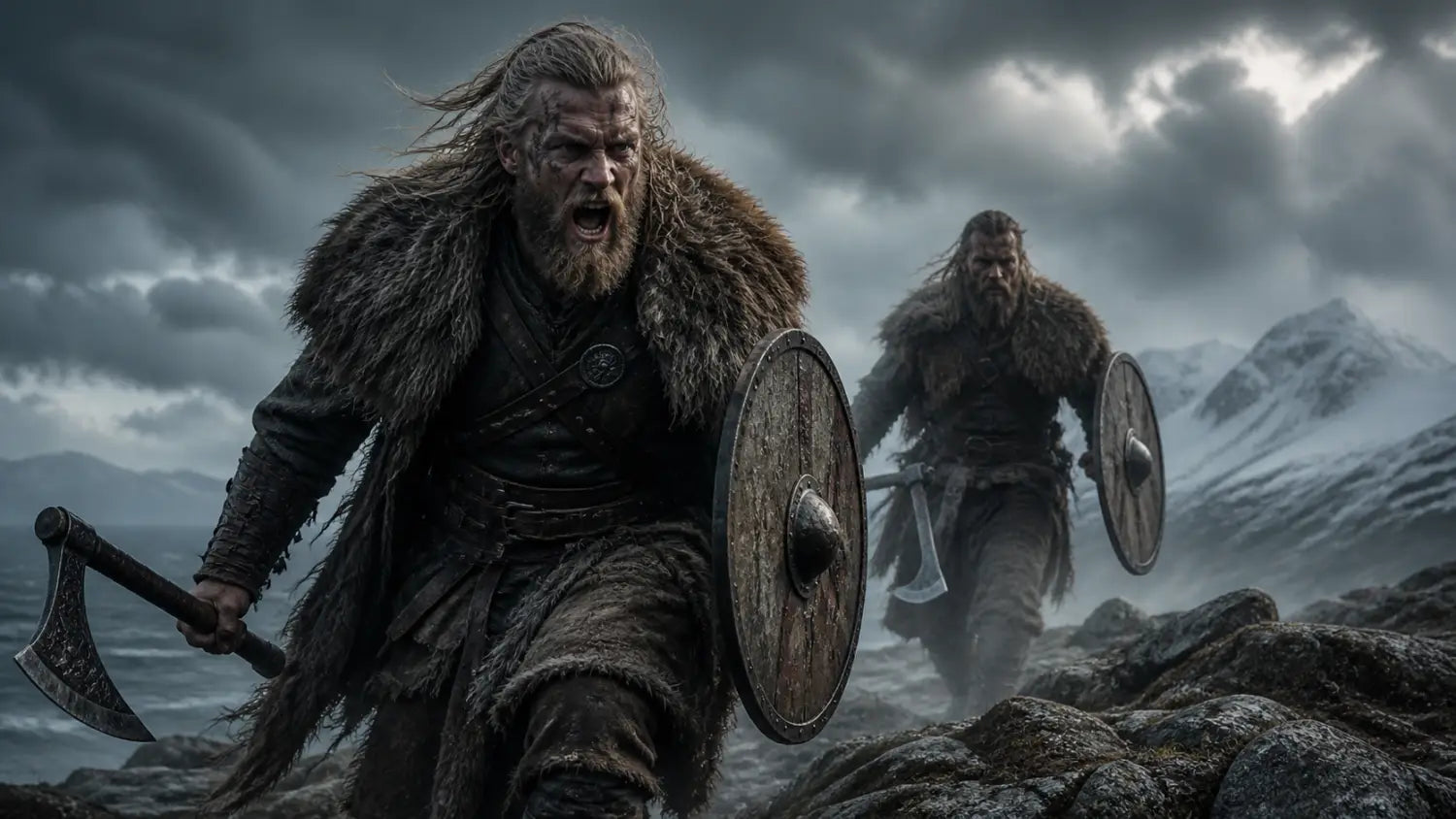 Berserker-inspired Norse warriors standing in a dark stormy landscape