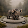 A small sculpted bull figurine in a textured metallic bronze finish, standing on a smooth round stone pedestal with mossy stones and blurred foliage in the background.