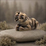 A small sculpted jaguar figurine in a tan and dark brown finish, posed lying on a smooth round stone with a softly blurred natural background.