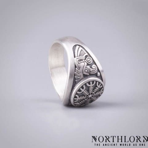 Helm Of Awe Ring with Ravens on each side, Norse Rings - Northlord
