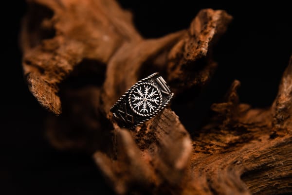 Helm Of Awe Ring With Runic Inscription Hail odin, Sterling Silver - Northlord