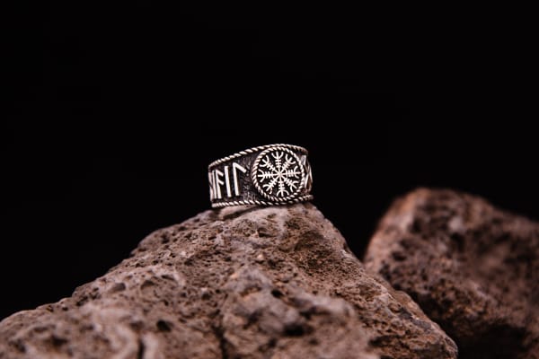 Helm Of Awe Ring With Runic Inscription Hail odin, Sterling Silver - Northlord