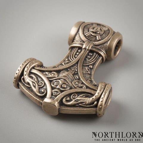 Mjolnir Pendant, Thor's Hammer necklace with Odin and his ravens, Bronze - Northlord