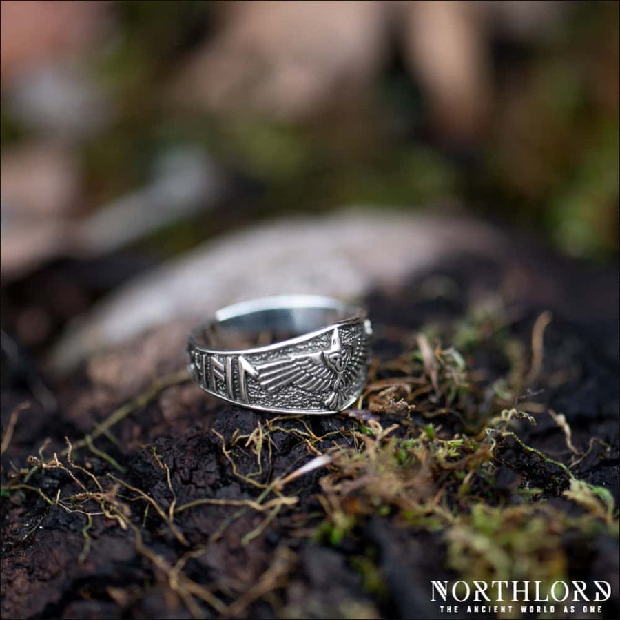 Raven Ring With Hail Odin Script Sterling Silver - Northlord