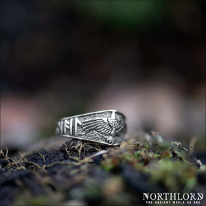 Raven Ring With Hail Odin Script Sterling Silver - Northlord
