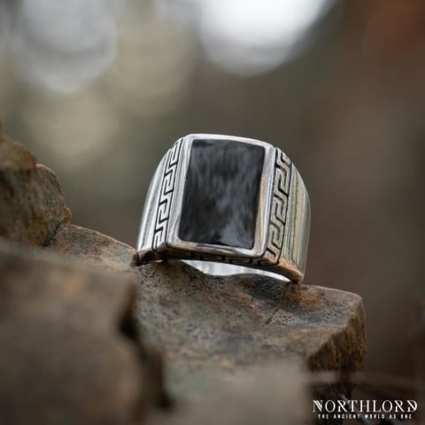 Rectangle Silver Ring With Meander Pattern and Black Onyx Stone - Northlord (5)