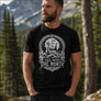 Men’s Sail With The North Viking t-shirt front print worn by a bearded man in a Scandinavian mountain landscape