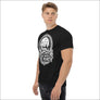 Male model wearing Sail With The North Viking t-shirt with white Norse ship print