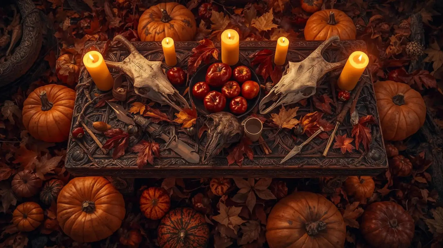 A table with autumn Halloween pumpkins, skulls, and leaves