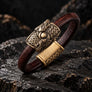 Skoll and Hati bronze Viking bracelet with dark brown leather and detailed wolf motif on black stone